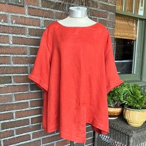 Lisa Bayne rust/orange linen asymmetrical Lagenlook short sleeve top. Sz XXL
